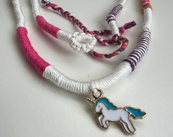 Handmade Unicorn Charm Necklace, Blue Flower Accent - 80cm