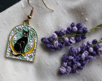 Black Cat on Moon Dangle Earrings - Illustrated Enamel Charms