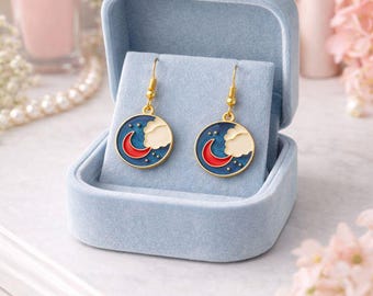 Celestial Dangle Earrings – Moon & Cloud or Saturn Planet Earrings, Gold Tone Space Jewelry, Everyday Minimal Gift