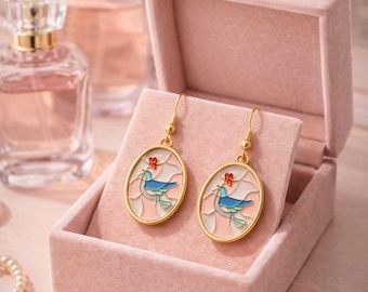 Handmade Blue Bird Enamel Earrings, Gold Oval Dangle Earrings, Floral Nature Inspired Jewelry