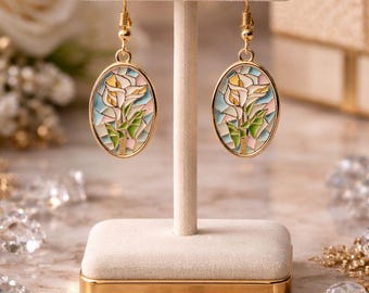White Lily Enamel Drop Earrings – Gold Floral Jewelry, Romantic Evening Accessory, Elegant Gift for Women