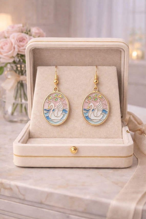 Swan Dangle Earrings, Elegant Gold Swan Jewelry, Romantic Floral Enamel Earrings, Bridal Style Gift for Her