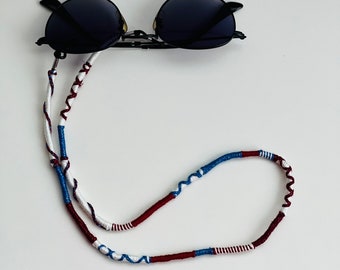 Handmade Braided Eyeglasses Strap – Burgundy, Blue Glitter Cord