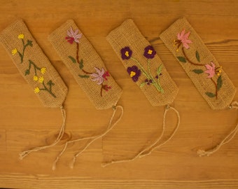 Handmade Embroidered Flower Bookmark - Jute Linen Fabric