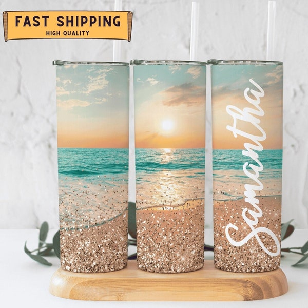 Beach Personalized Tumbler With Straw, Girls Trip Summer Vacation Tumbler, Personalized Beach Theme Tumbler, Sunset Beach Tumbler With Name