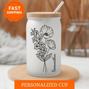 Personalized Birth Flower Glass Tumbler, Personalized Birth Flower Coffee Cup With Name, Birth Flower Frosted Cup, Custom Bridesmaid Gifts