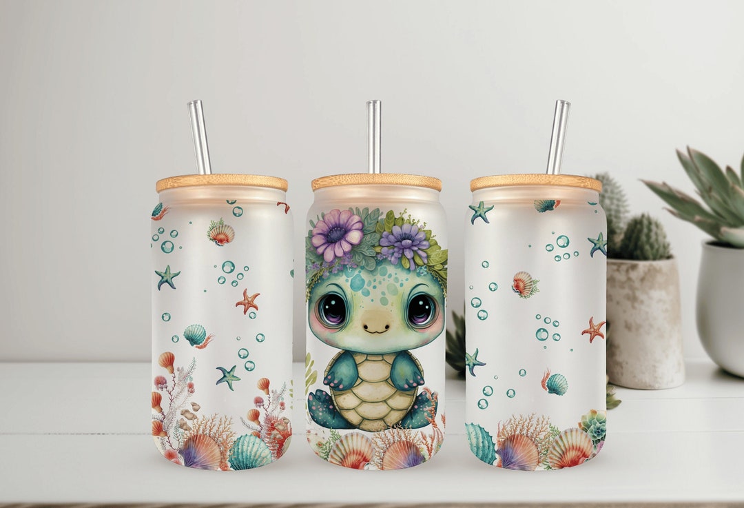 Turtle Floral Glass Can, Floral Turtle Glass Tumbler, Turtle Iced ...
