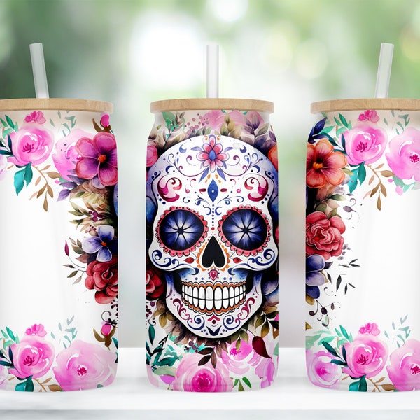 Sugar Skull Frosted Glass Tumbler, Sugar Skull Floral Libbey Glass Can, Sugar Skull Iced Coffee Cup, Sugar Skull Cup with Lid and Straw
