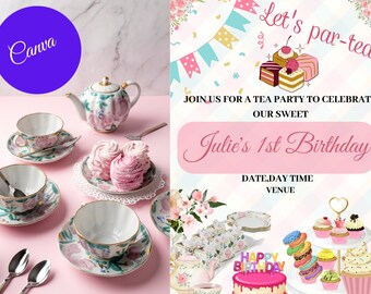 Bewerkbare Tea Party-verjaardagsuitnodiging/meisje par-thee nodigt/bloemen roze goud/grillige thee Download afdrukbare sjabloon