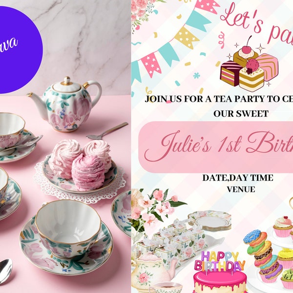 Editable Tea Party Birthday Invitation /Girl Par-Tea Invite/ Floral Pink Gold/ Whimsical Tea Download Printable Template