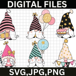 Birthday gnomes svg\ happy birthday svg\ birthday party svg cut file for cricut\ holiday gnome silhouettes\ birthday card png\ eps\ clipart