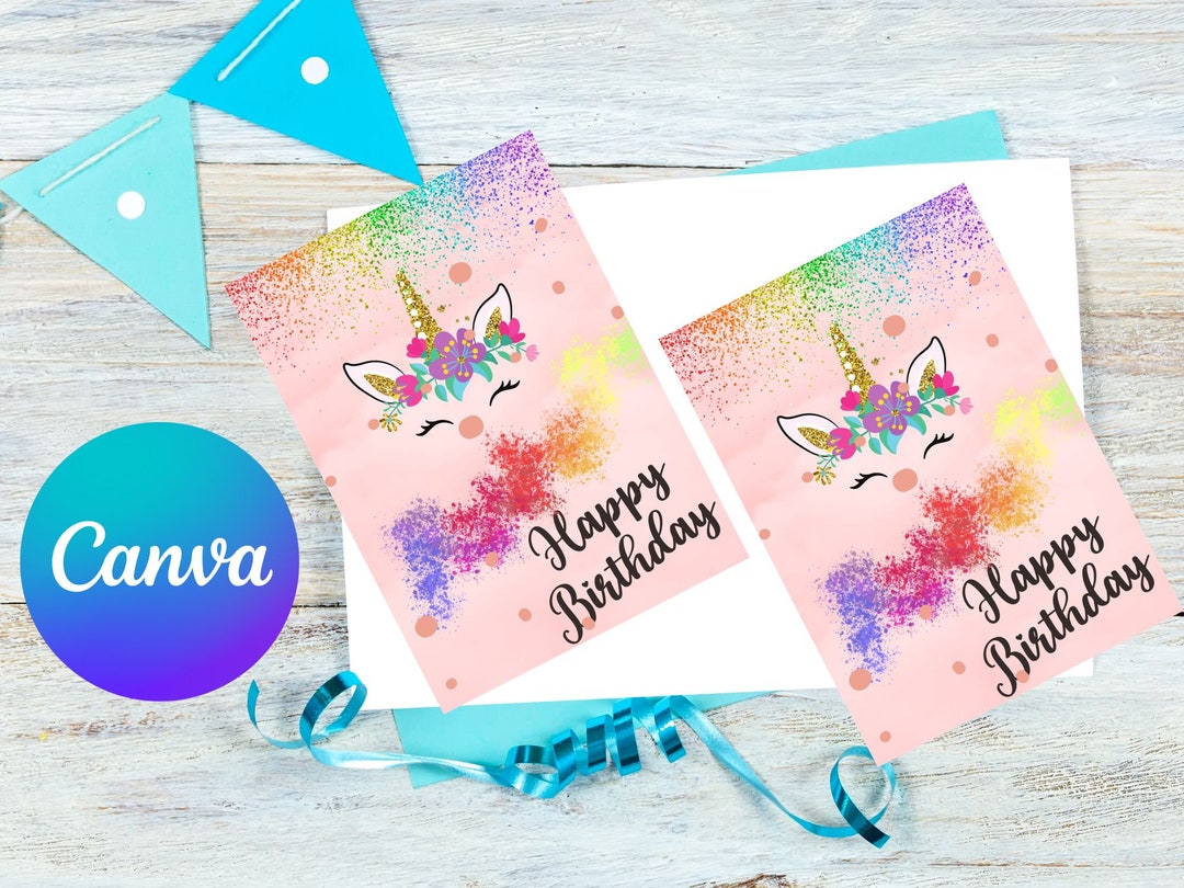 Rainbow Unicorn Birthday Card Editable Unicorn Birthday Card Instant Download Girl Birthday Card ...
