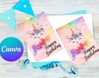 Rainbow Unicorn Birthday Card Editable Unicorn Birthday Card Instant Download Girl Birthday Card Unicorn Greeting Card Happy Birthday