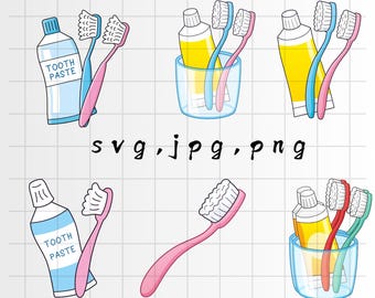May include: A set of four illustrations of toothbrushes and toothpaste tubes. The illustrations are in a cartoon style and feature a variety of colors, including blue, pink, yellow, and green. The illustrations are perfect for use in a variety of creative projects, such as scrapbooking, card making, and digital design.