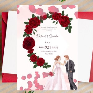 Invitación de boda con rosa roja, invitación de boda floral, invitación con rosa roja, plantilla de invitaciones, invitación de compromiso con rosa roja