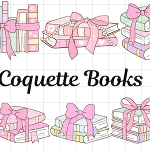 May include: A set of six stacks of books with pink bows. Each stack has a different colour scheme and pattern. The text "Coquette Books" is written below the stacks of books.