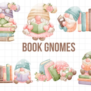 Watercolor Flower Book Gnome Bundle Clipart\ Floral Gnome Designs Sublimation\ Spring & Summer Garden Gnome Nursery\ Wall Art Sticker PNG