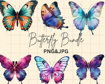 Puede incluir: Un paquete de descarga digital de seis ilustraciones de mariposas de acuarela. Las mariposas están en varios tonos de azul, morado, rosa y naranja. El texto "Butterfly Bundle PNG&JPG" está escrito debajo de las mariposas.