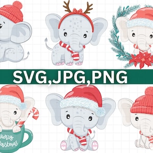 Könnte beinhalten: Satz mit sechs digitalen Clipart-Bildern mit niedlichen Cartoon-Elefanten, die Weihnachtsmützen, Rentiergeweihe und andere festliche Accessoires tragen. Die Elefanten sind in verschiedenen Posen, darunter sitzend, stehend und mit einem Zuckerstock in der Hand. Die Bilder sind perfekt für Weihnachtsbasteln, Scrapbooking und andere kreative Projekte.