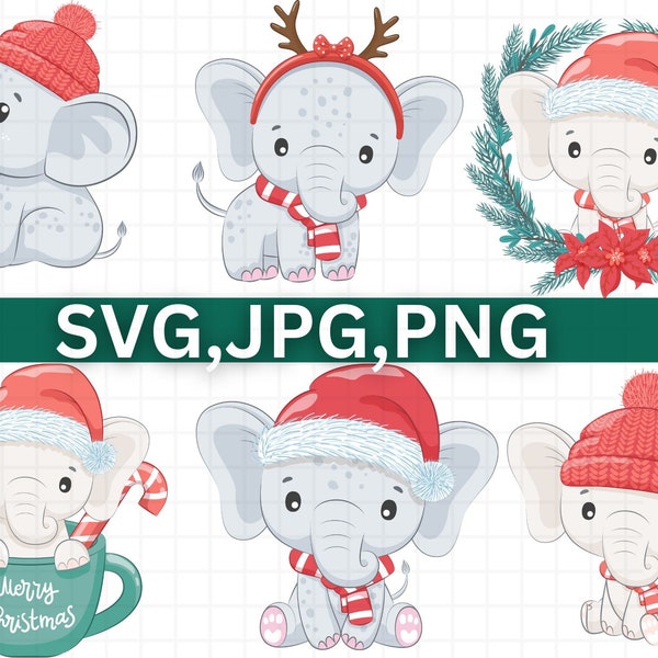 Christmas Elephant SVG layered cut file\ Elephant Girl with Santa hat\ Holiday Shirt Baby Bodysuit\ Cute Animal Silhouette\ Cricut Vinyl