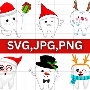May include: Set of six digital clipart images featuring cartoon teeth dressed in various holiday costumes. The teeth are wearing Santa hats, reindeer antlers, a snowman hat, and other festive attire.  SVG, JPG, PNG.