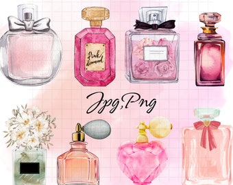 Imágenes prediseñadas de perfume de acuarela\ JPEG de calidad\ imágenes prediseñadas de botella de perfume\ imágenes prediseñadas de moda\ imágenes prediseñadas de belleza\ perfume con flores\ imprimibles