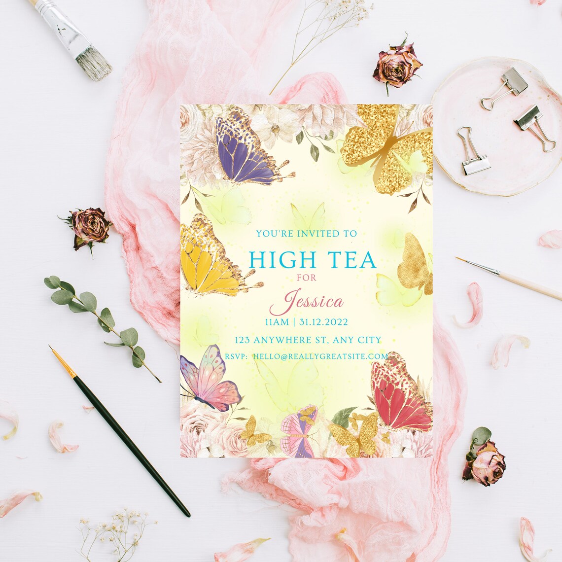 Butterfly Royal Tea Party Invitation, Girls Birthday Invite Editable ...