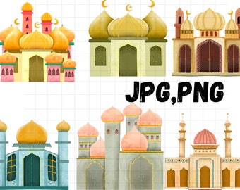 May include: Five illustrations of colourful mosques with intricate details. The mosques are drawn in a cartoon style with rounded domes and minarets. The illustrations are perfect for adding a touch of Islamic culture to your projects.