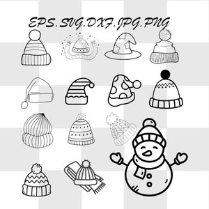 Könnte beinhalten: Ein Set mit 13 Schwarzweiß-Illustrationen von Wintermützen und einem Schneemann. Die Mützen sind in verschiedenen Stilen, darunter Beanies, Wollmützen und eine Hexenmütze. Der Schneemann trägt eine Mütze und einen Schal.