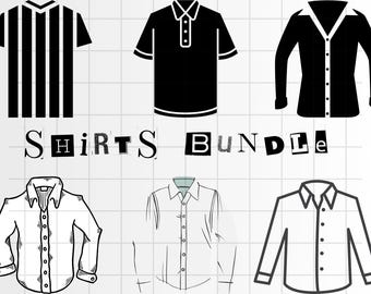 May include: A set of five different shirt designs, including a striped shirt, a polo shirt, a button-down shirt, and two long-sleeve shirts. The text "Shirts Bundle" is written across the top of the image.