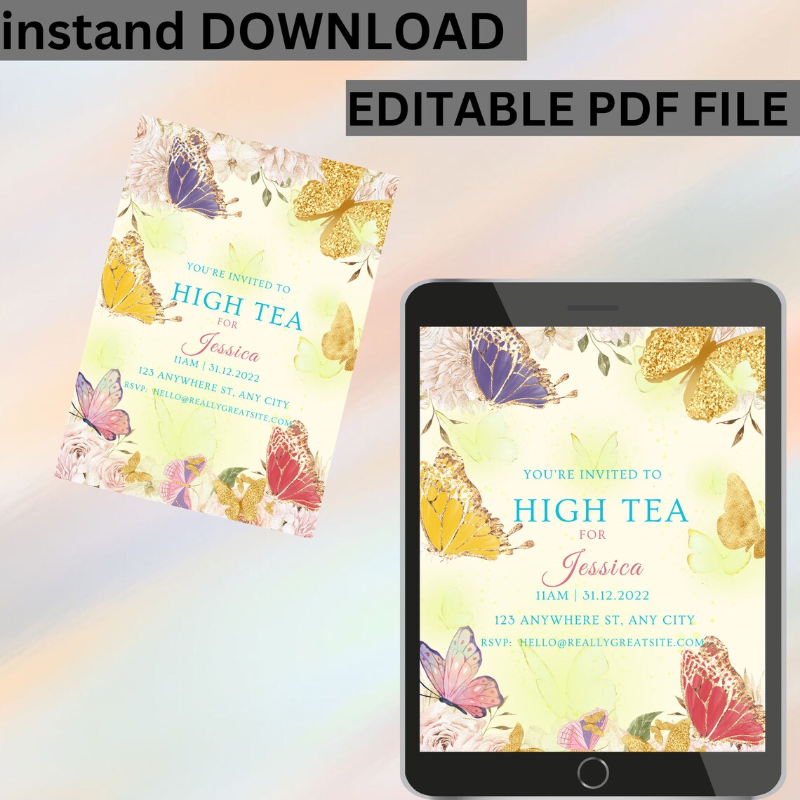 Butterfly Royal Tea Party Invitation, Girls Birthday Invite Editable ...
