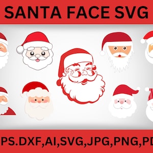 May include: Set of ten red and white Santa Claus face SVG cut files. The faces are in various styles, including a cartoon style, a traditional style, and a modern style. The files are perfect for creating Christmas crafts, decorations, and gifts.