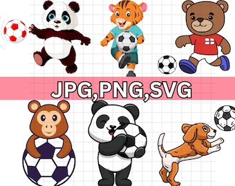 Soccer Animals Clipart\ Watercolor Cute Cartoon Sports Nursery\ Athletic Soccer Woodland Animal Kids Bear Birthday Baby Shower Bundle Png