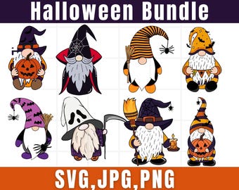 May include: A set of ten Halloween gnomes in various poses and costumes. The gnomes are wearing hats, scarves, and holding pumpkins, brooms, and candy canes. The gnomes are all smiling and have white beards. The gnomes are all different colors, including orange, green, purple, and black. The gnomes are all standing on a white background. SVG, JPG, PNG.