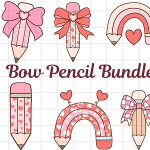 May include: A set of six digital clip art images featuring pencils with bows and hearts. The pencils are decorated with pink, red and white hearts and bows. The set includes two rainbow pencils with hearts and bows, a pencil with a pink and white checked bow, and three pencils with pink bows and hearts.