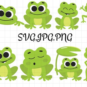 May include: A collection of cartoon frogs in various poses, rendered in shades of green and yellow. The frogs have large, expressive eyes and are smiling, winking, or holding a lily pad. The image includes the text "SVG, JPG, PNG".