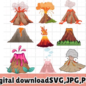 May include: A set of ten digital illustrations of cartoon volcanoes in various styles. The volcanoes are red, orange, brown, and pink with smoke and lava flowing from the top.