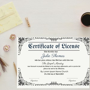 Editable License to Preach Template, Printable Certificate of License ...