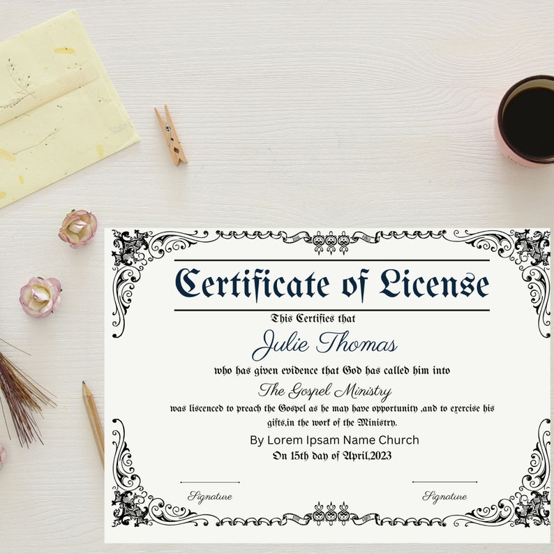 Editable License to Preach Template, Printable Certificate of License ...