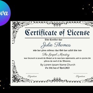 Editable License to Preach Template, Printable Certificate of License, Minister's License, Elegant Certificate Template Download