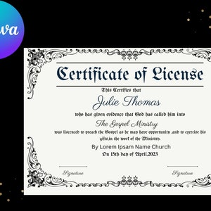 Editable License to Preach Template, Printable Certificate of License, Minister&#39;s License, Elegant Certificate Template Download