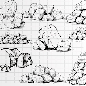 以下が含まれることがあります： 様々な岩の形成の手描き白黒イラストの集まり。岩は現実的なスタイルで描かれており、形やサイズが異なります。イラストは、ウェブサイトの背景、ソーシャルメディアのグラフィック、印刷物など、デザインプロジェクトに最適です。