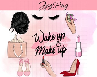 May include: A digital illustration of a pink background with the text "Wake up & Make up" in black. The image also includes a pair of eyelashes, a shopping bag, a pair of pink heels, a lipstick, a stack of money, and a woman's hand holding the money.