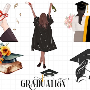 Graduierung Mädchen Clipart Bündel, Graduate Illustrationen, Klasse von 2024 PNG, Abschlusskappe, Kleid, Blumen, Transparente Datei