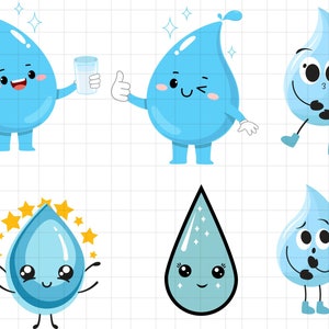 May include: Five cartoon water drops with different expressions. One water drop is holding a glass of water, another is winking, another is holding its hands together, another is surrounded by stars, and the last one is looking confused.