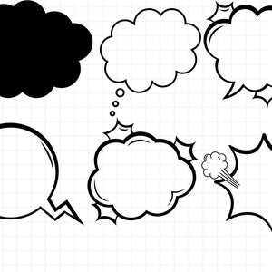 May include: A set of six black and white speech bubbles with different shapes and sizes. The speech bubbles are on a white background with a grid pattern.