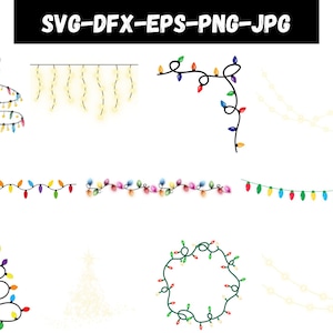 May include: A set of 10 digital cut files featuring various designs of Christmas lights. The designs include a Christmas tree, a garland, a wreath, and a corner design. The lights are in various colors, including red, green, blue, yellow, and white.
