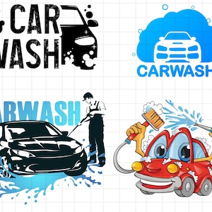 May include: Four different car wash logo designs. The first logo is black and white with the text "CAR WASH". The second logo is a blue cloud with a white car inside and the text "CARWASH". The third logo is a black car with blue water splashes and the text "CARWASH". The fourth logo is a red cartoon car with a brush and water hose.