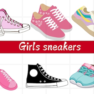 May include: An illustration of six pairs of girls' trainers in various styles and colours. The trainers include high-tops, low-tops, and athletic shoes in pink, blue, black, and white. The text "Girls sneakers" is displayed on a red banner.