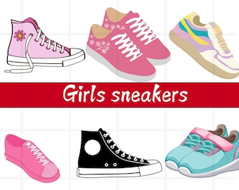 May include: An illustration of six pairs of girls' sneakers in various styles and colors. The sneakers include high-tops, low-tops, and athletic shoes in pink, blue, black, and white. The text "Girls sneakers" is displayed on a red banner.